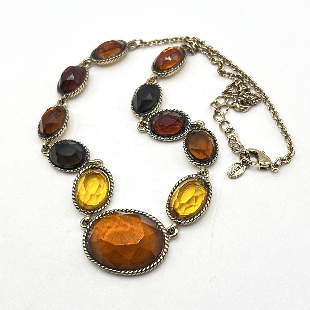 Monet Bib Choker Necklace Bezeled‎ Glass Cabochons Warm Tones Gold Tone Chain